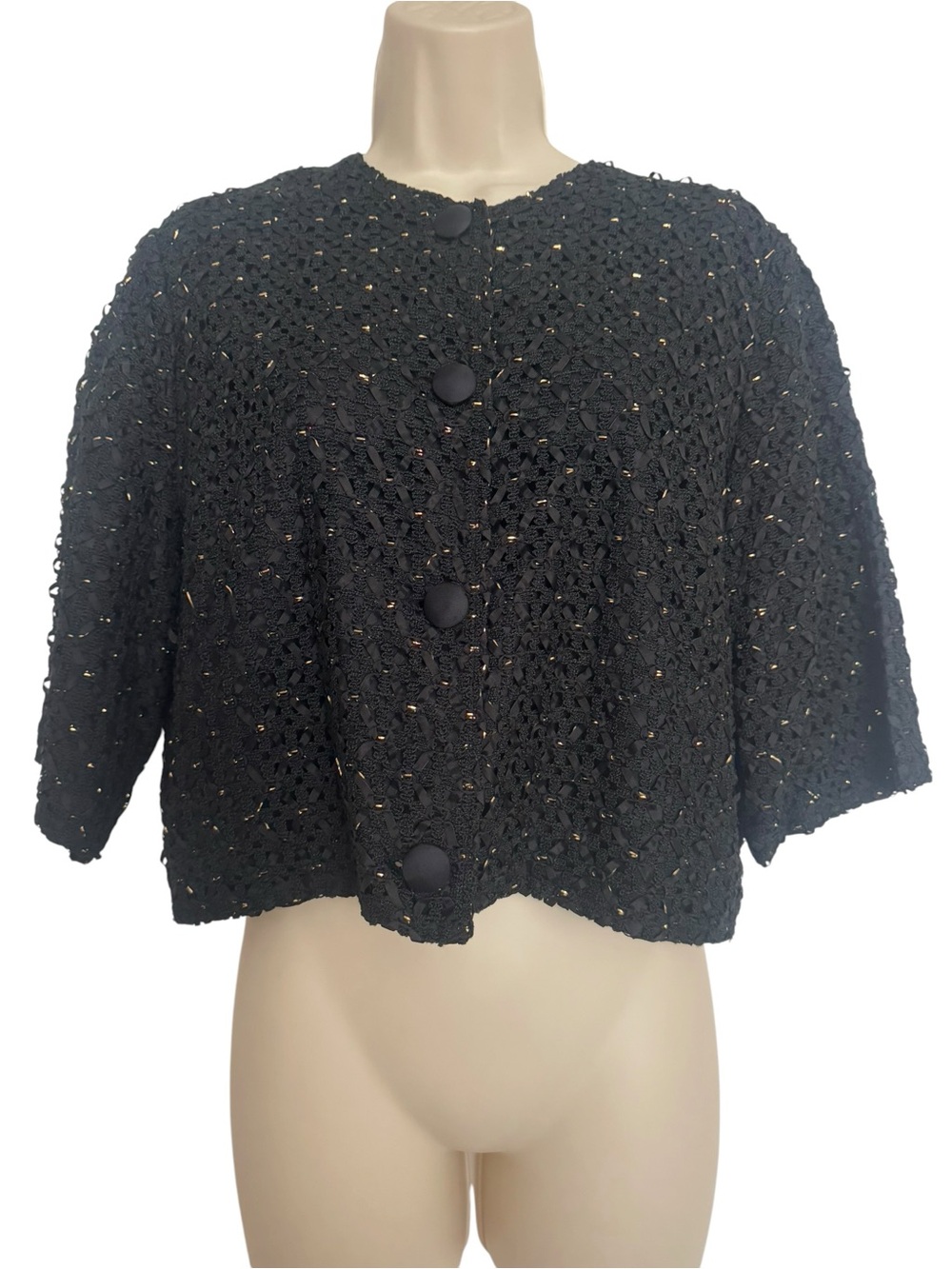 Vintage 1960s Glentex Cropped Evening Jacket Black Gold Ribbon Lace Size L ILGWU